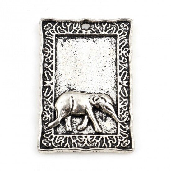 Elephant Pendant - Amulet Pendant - Metal Pendant - Silver Pendant - Flower Charms - 32x22mm - 10pcs - (B296)