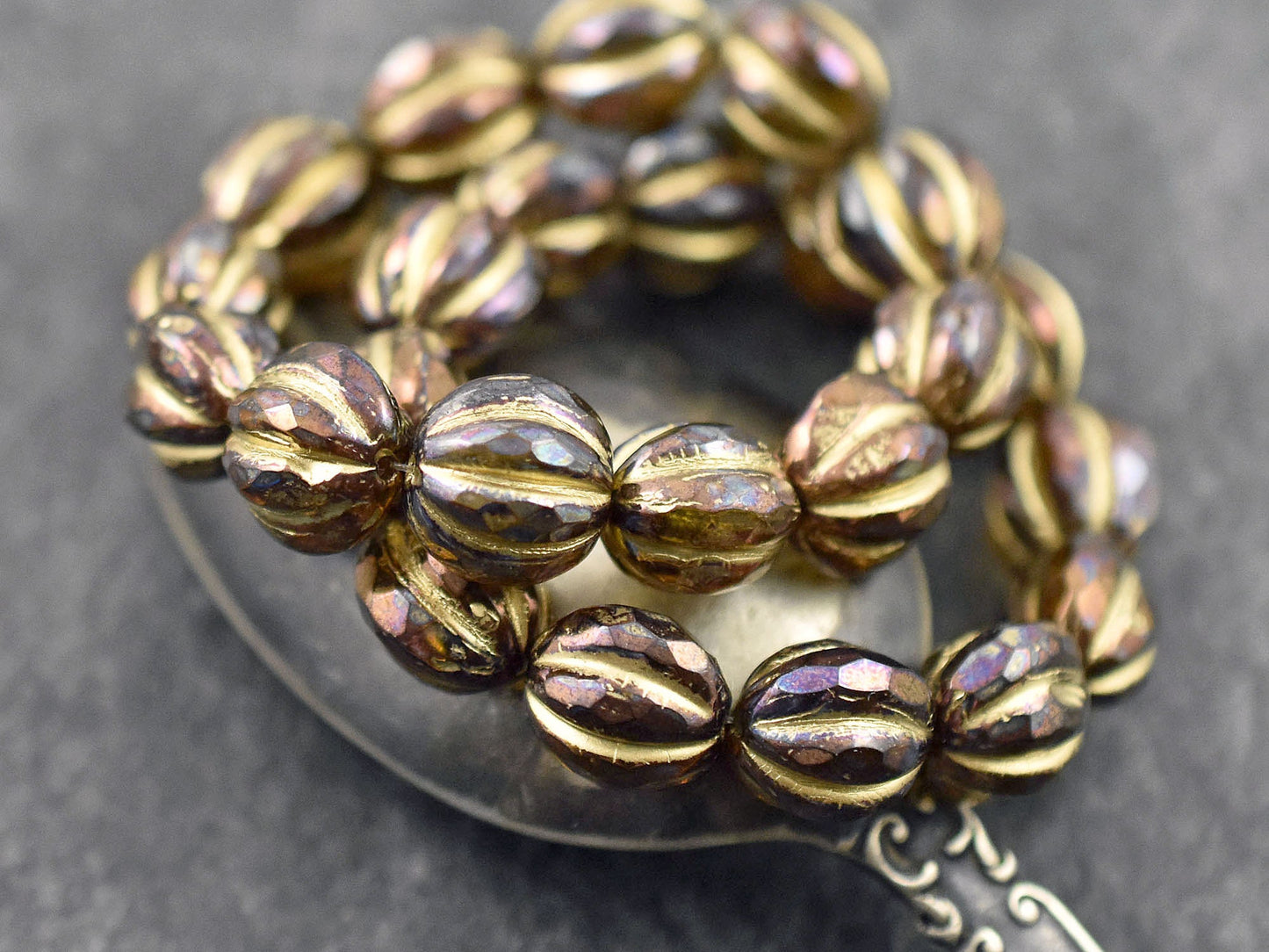 *12* 10mm Gold Washed Root Beer Topaz AB Faceted Round Melon Beads