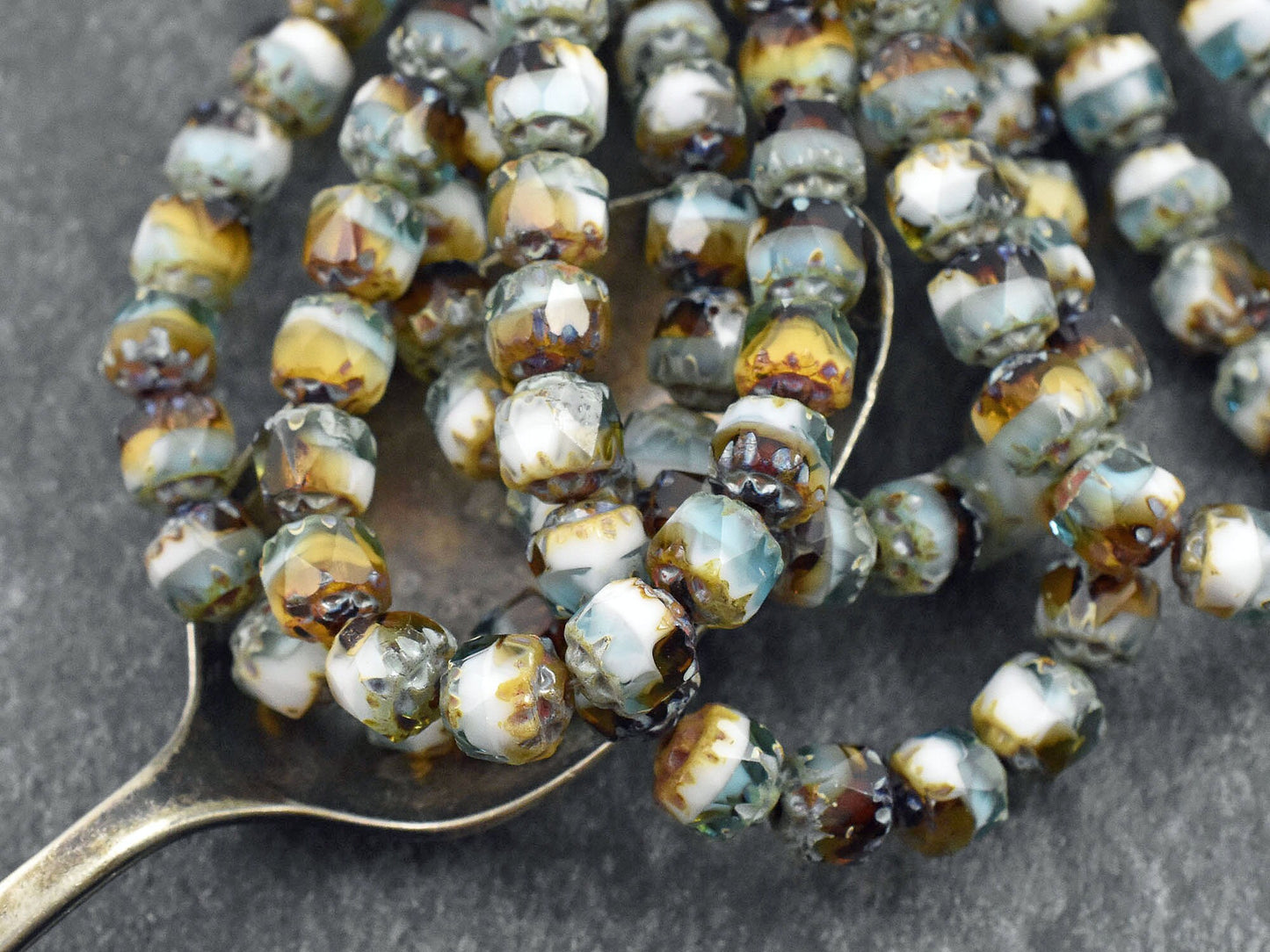 *20* 6mm Blended White Topaz & Aqua Picasso Fire Polish Cathedral Beads