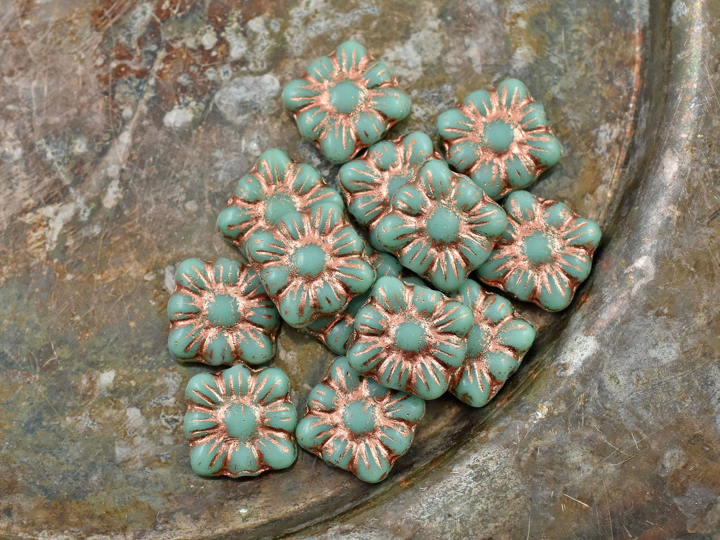 Picasso Beads - Czech Glass Beads - Flower Beads - Czech Glass Flowers - Square Flowers - 11mm Flower - 13pcs - (1555)