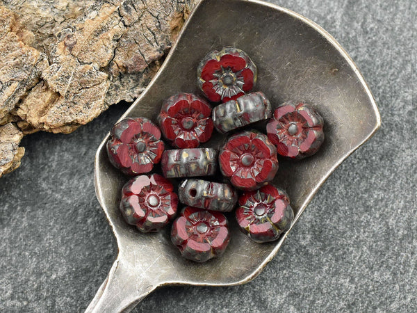 Flower Beads - Picasso Beads - Czech Glass Beads - 7mm Flower Beads - Red Flower Beads - 12pcs - (4550)