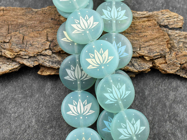 Czech Glass Beads - Lotus Flower Beads - Floral Beads - Focal Beads - Laser Etched Beads - Coin Beads - 17mm - 8pcs - (6161)