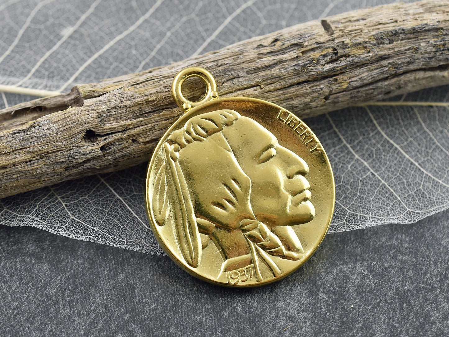 Gold Pendant - Indian Head Pendant - Replica Coin Pendant - Metal Pendants - Buffalo Pendant - 40x33mm - 10pcs - (449)