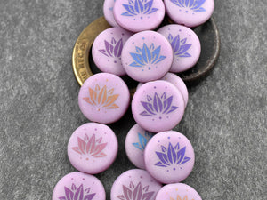 Czech Glass Beads - Lotus Flower Beads - Floral Beads - Focal Beads - Laser Etched Beads - Coin Beads - 17mm - 8pcs - (B459)