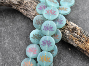Czech Glass Beads - Lotus Flower Beads - Floral Beads - Focal Beads - Laser Etched Beads - Coin Beads - 17mm - 8pcs - (2996)