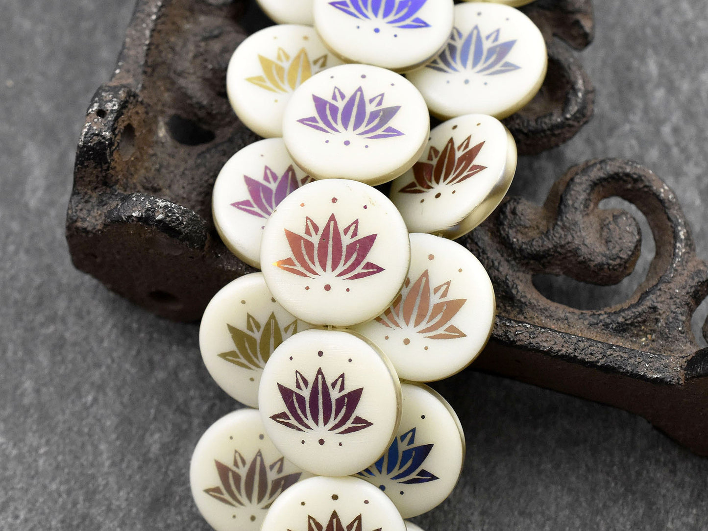 Czech Glass Beads - Lotus Flower Beads - Floral Beads - Focal Beads - Laser Etched Beads - Coin Beads - 17mm - 8pcs - (A635)