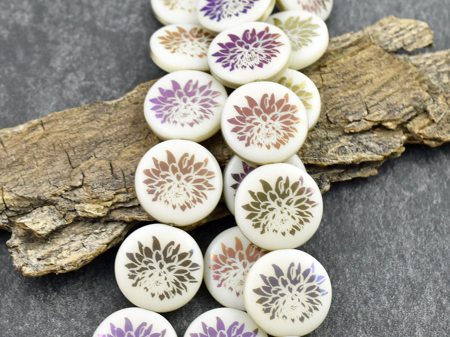 Czech Glass Beads - Dahlia Flower Beads - Floral Beads - Focal Beads - Laser Etched Beads - Coin Beads - 17mm - 8pcs - (B327)