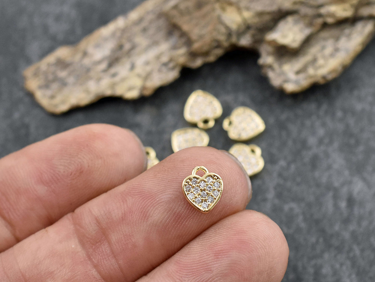 *10* 8x7mm 18k Gold Plated Brass Micro Pave Cubic Zirconia Heart Charms