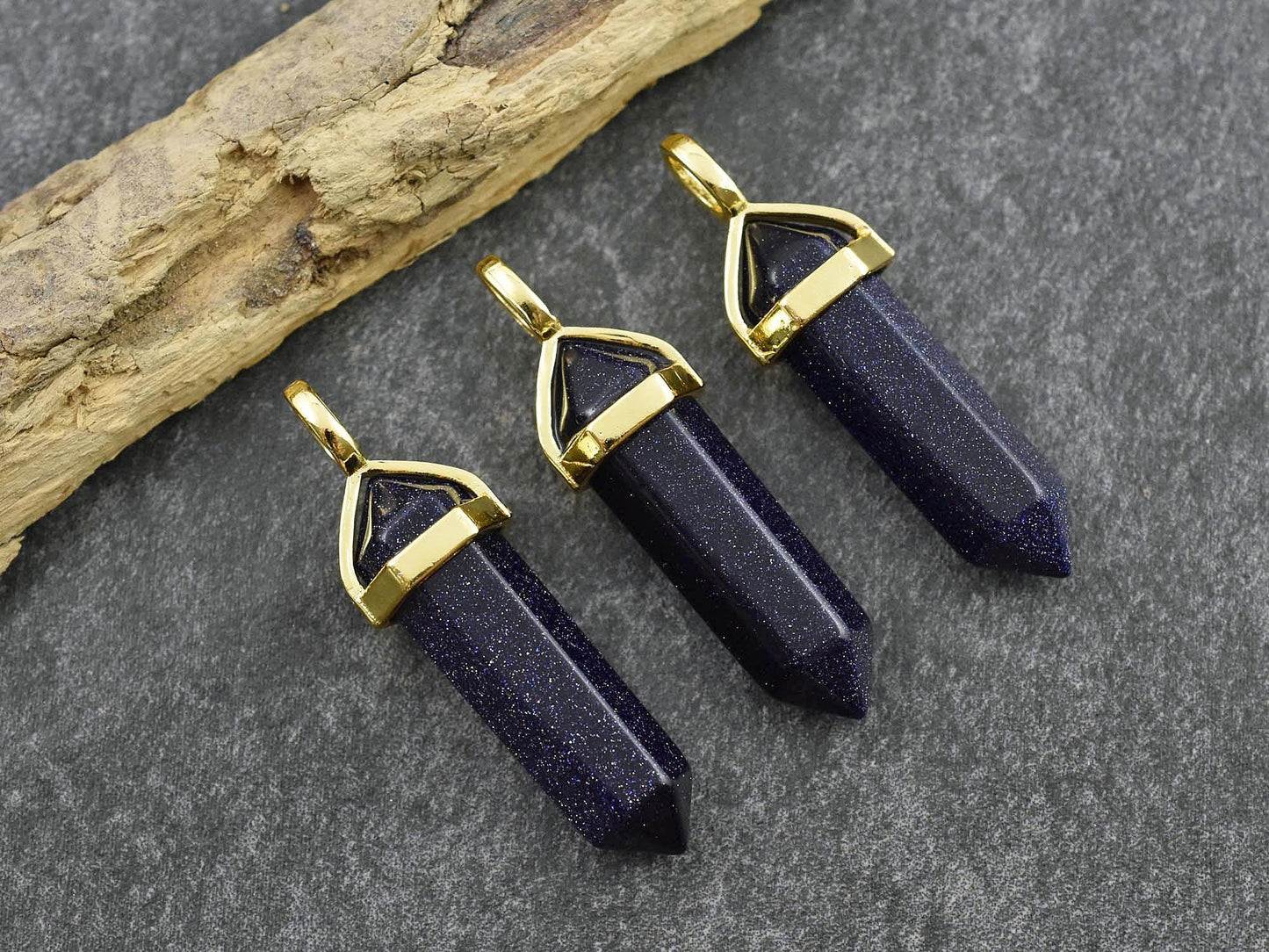 Gemstone Point Pendant - Hexagon Pendant - Blue Goldstone Pendant - 40mm - (1228)