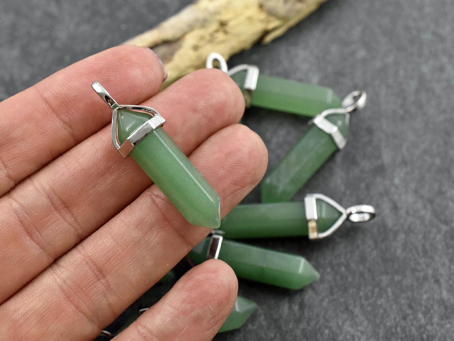 40mm Platinum Tone Natural Green Aventurine Double Terminated Bullet Pendant