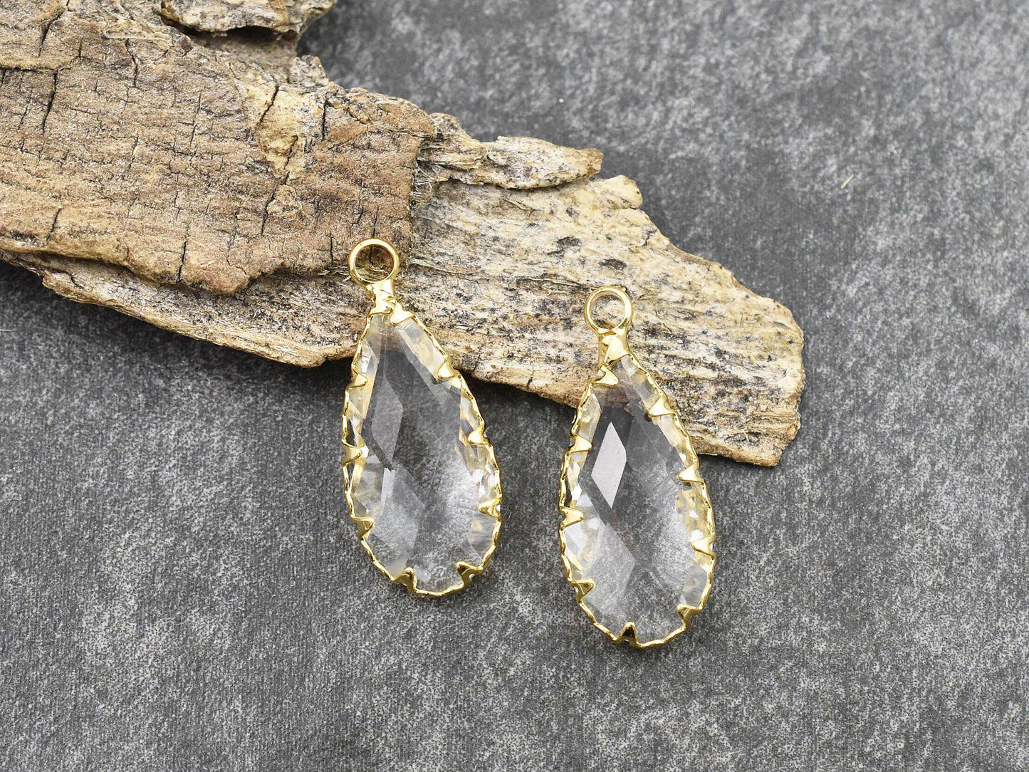 *2* 24x11mm 18k Gold Plated Brass Faceted Clear Glass Teardrop Pendants