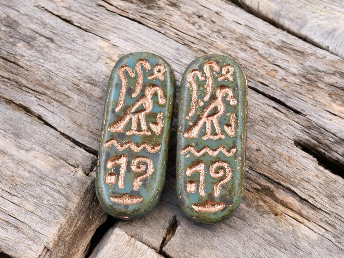 *6* 25x10mm Copper Washed Blue Turquoise Picasso Egyptian Cartouche Oval Beads