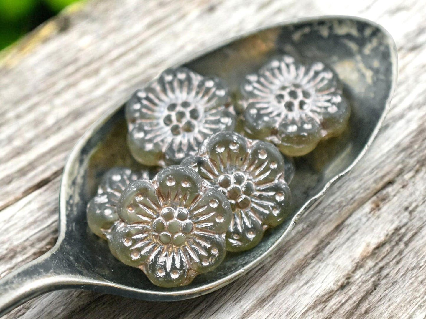 *6* 14mm Silver Platinum Washed Matte Light Tourmaline Wildflower Beads