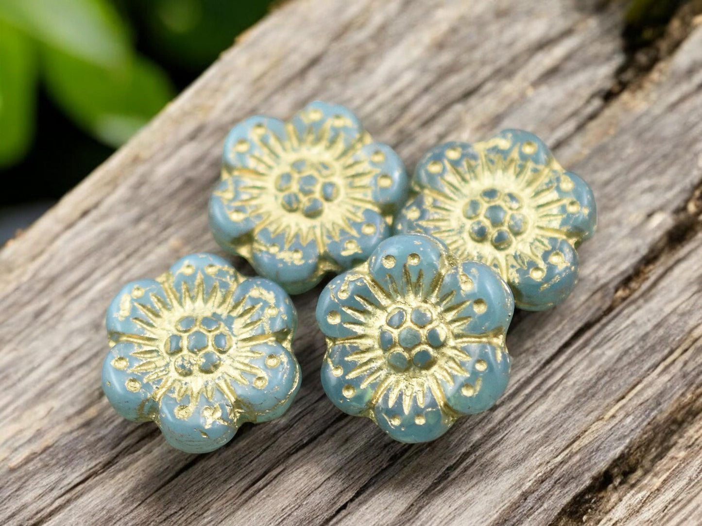 *6* 14mm Gold Washed Aqua Opaline Wildflower Beads