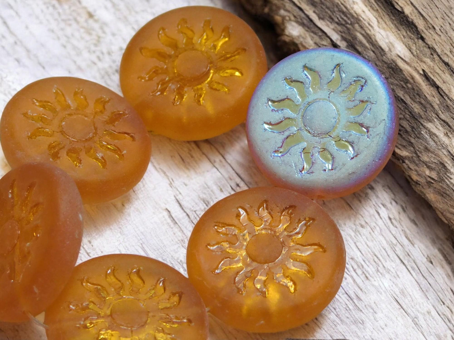 21mm Matte Apricot AB Sun Design Coin Beads - 2 Beads