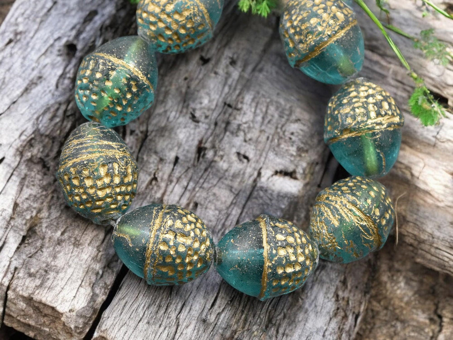 *8* 10x12mm Gold Washed Teal Acorn Oval Beads