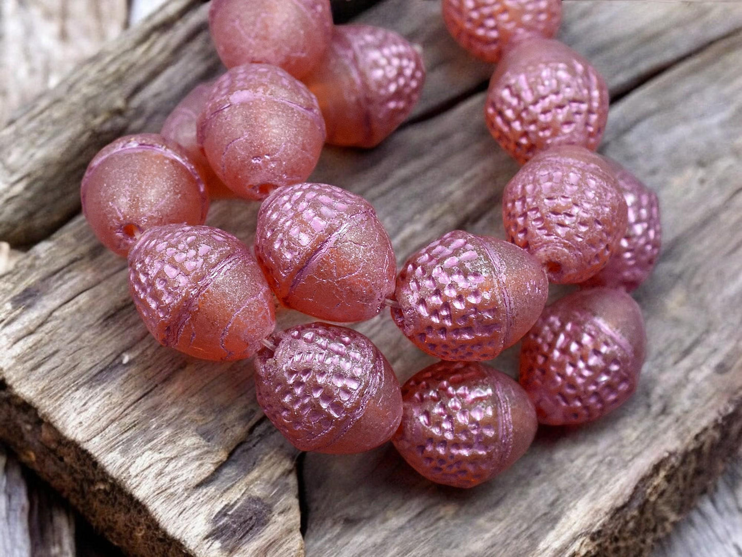 *8* 10x12mm Metallic Pink Washed Translucent Matte Orange Acorn Oval Beads