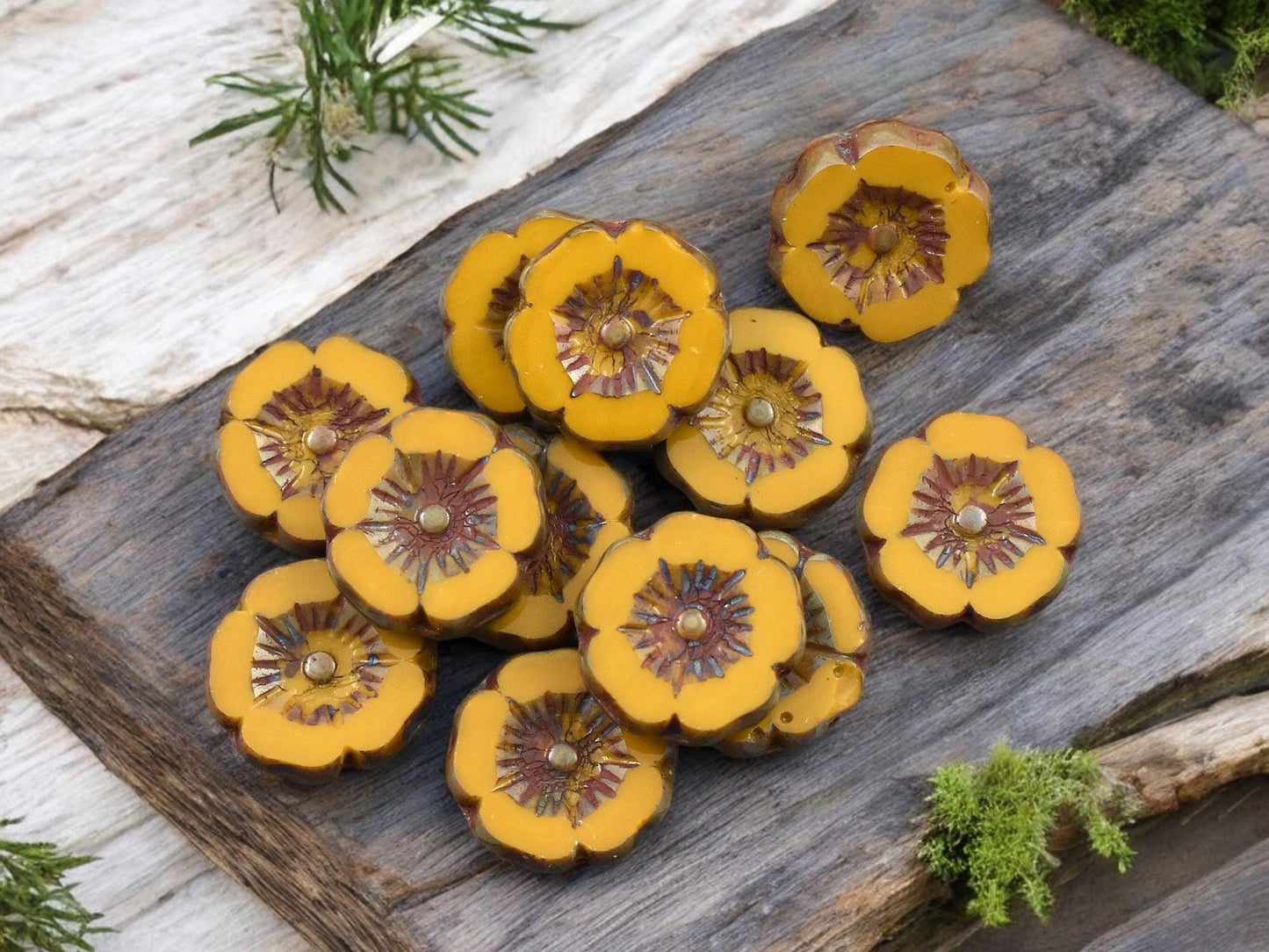 *12* 12mm Opaque Mustard Yellow Picasso Hawaiian Flower Beads