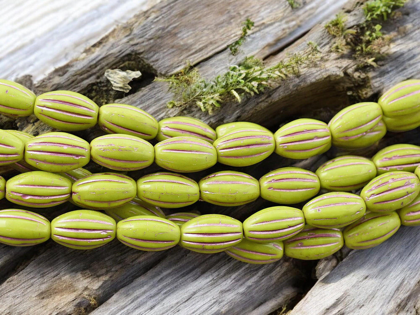 *20* 14x8mm Metallic Pink Washed Opaque Chartreuse Oval Melon Beads