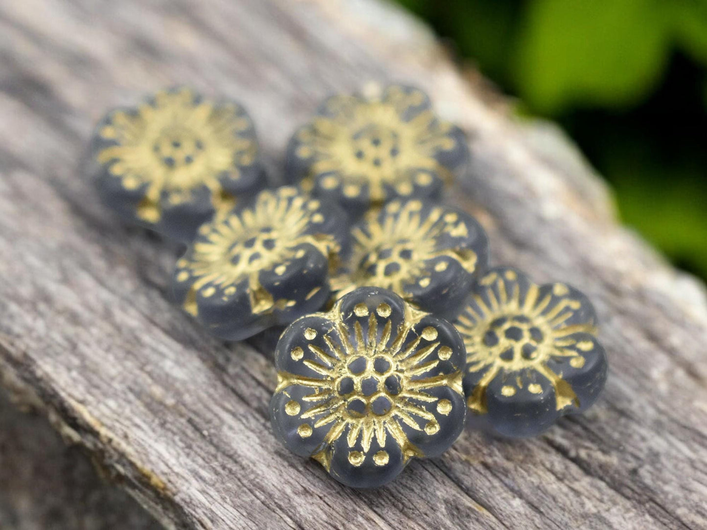 *6* 14mm Gold Washed Translucent Purple Wildflower Beads