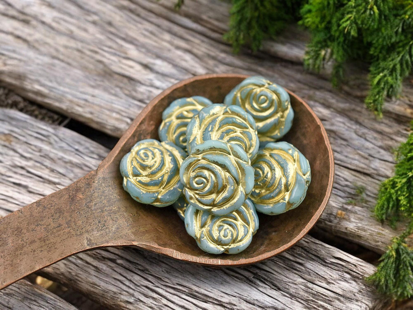 *10* 14mm Bronze Washed Turquoise Rose Flower Beads