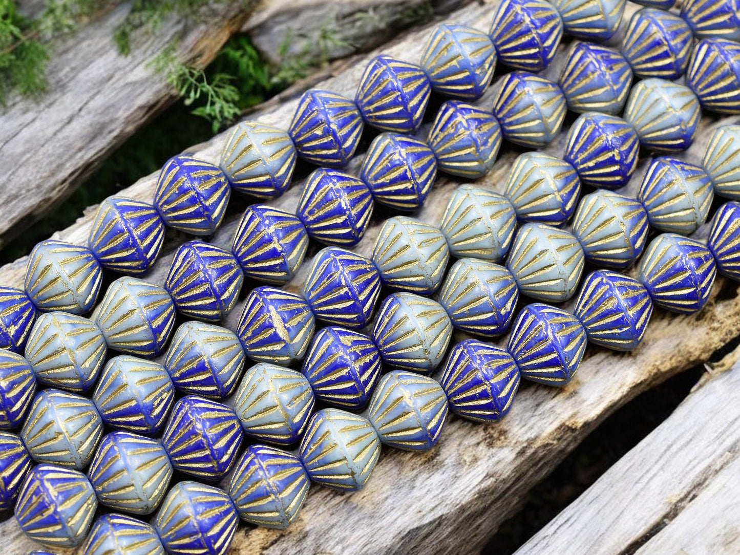 *12* 8x9mm Gold Washed Blended Turquoise & Blue Carved Bicone Beads