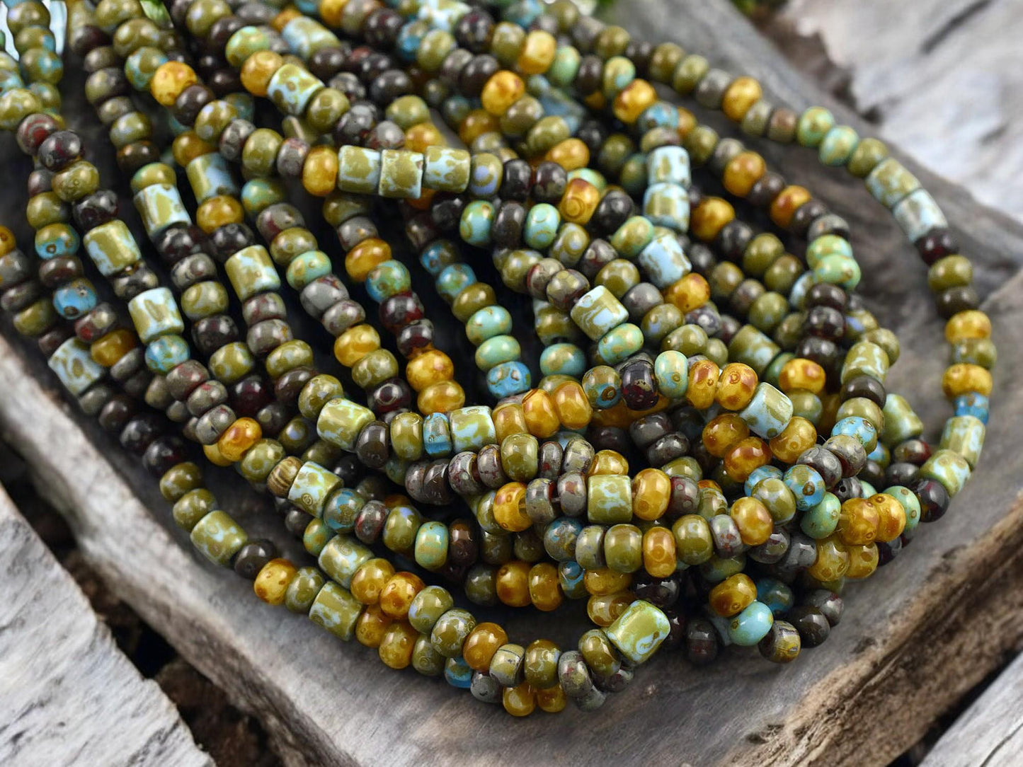 6/0 Aged Azul Heart Picasso Czech Glass Seed Bead Bugle Mix (21" Strand)