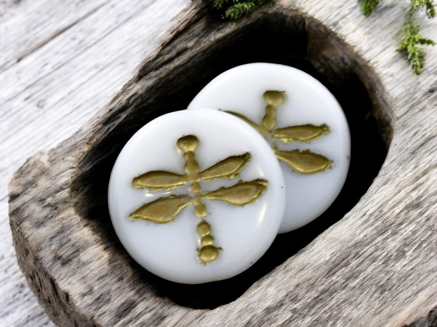 *4* 18mm Gold Washed Opaque White Dragonfly Coin Beads