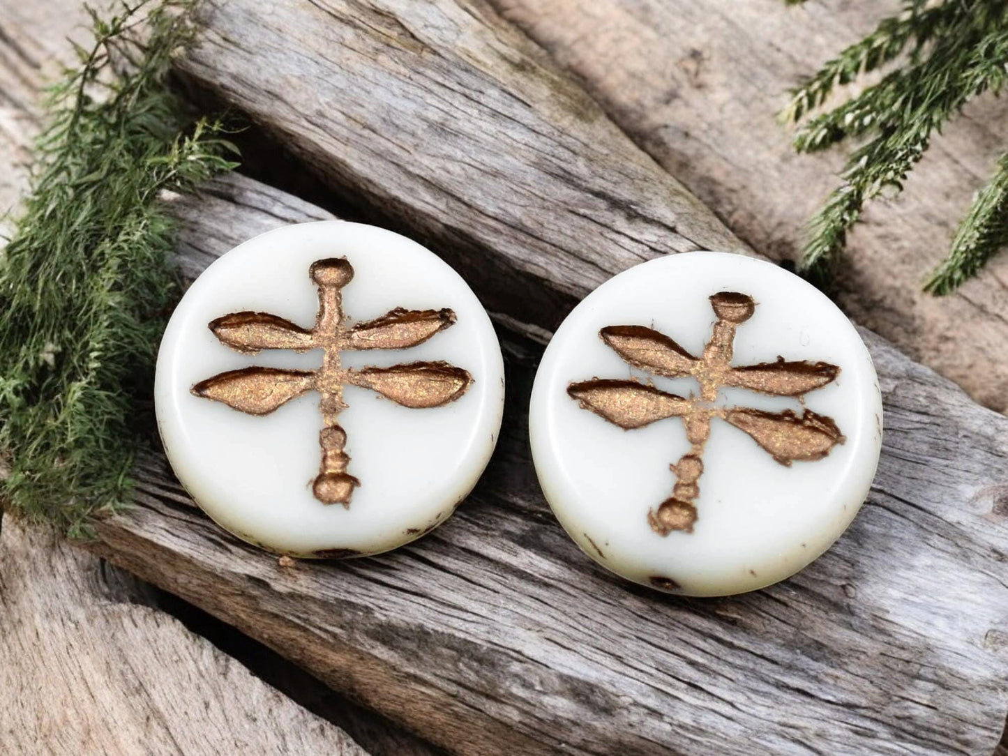 *2* 18mm Bronze Washed Opaque Ivory Dragonfly Coin Beads