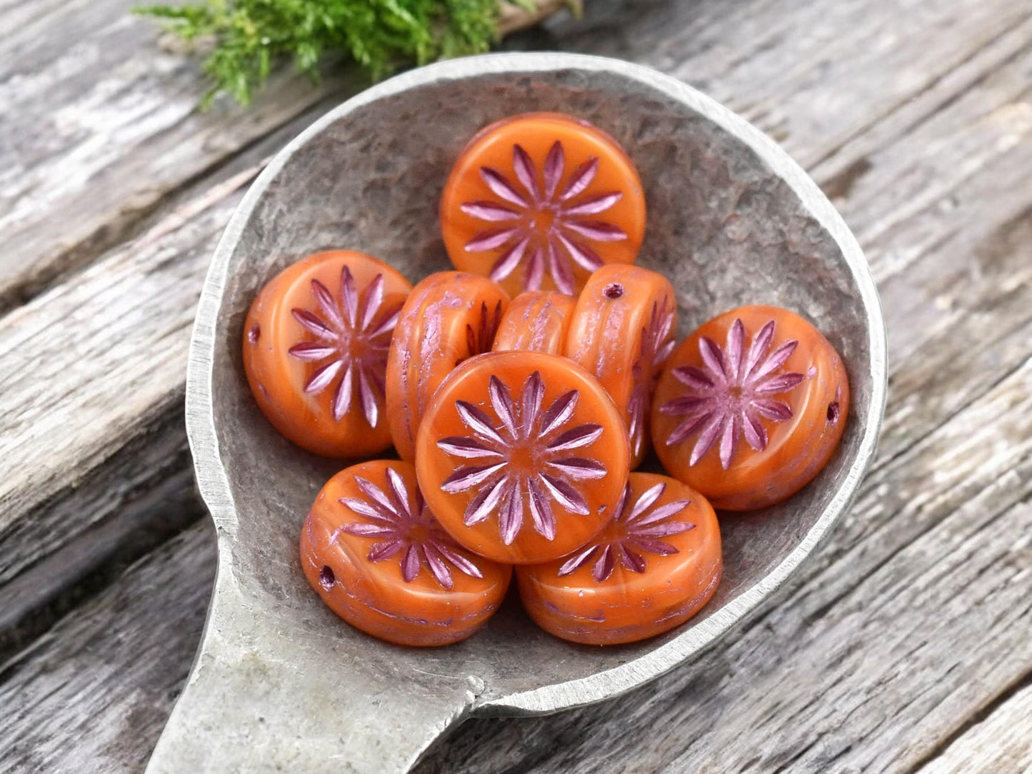 *15* 12mm Pink Washed Orange Opaline Aster Flower Coin Beads