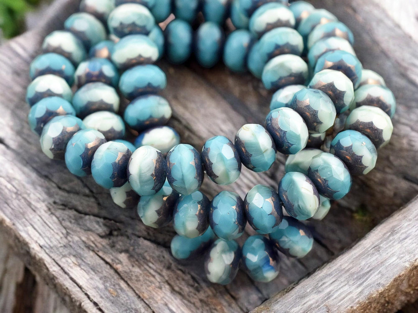 *25* 6x8mm Bronze Washed Blended Turquoise & Sea Green Fire Polished Rondelle Beads