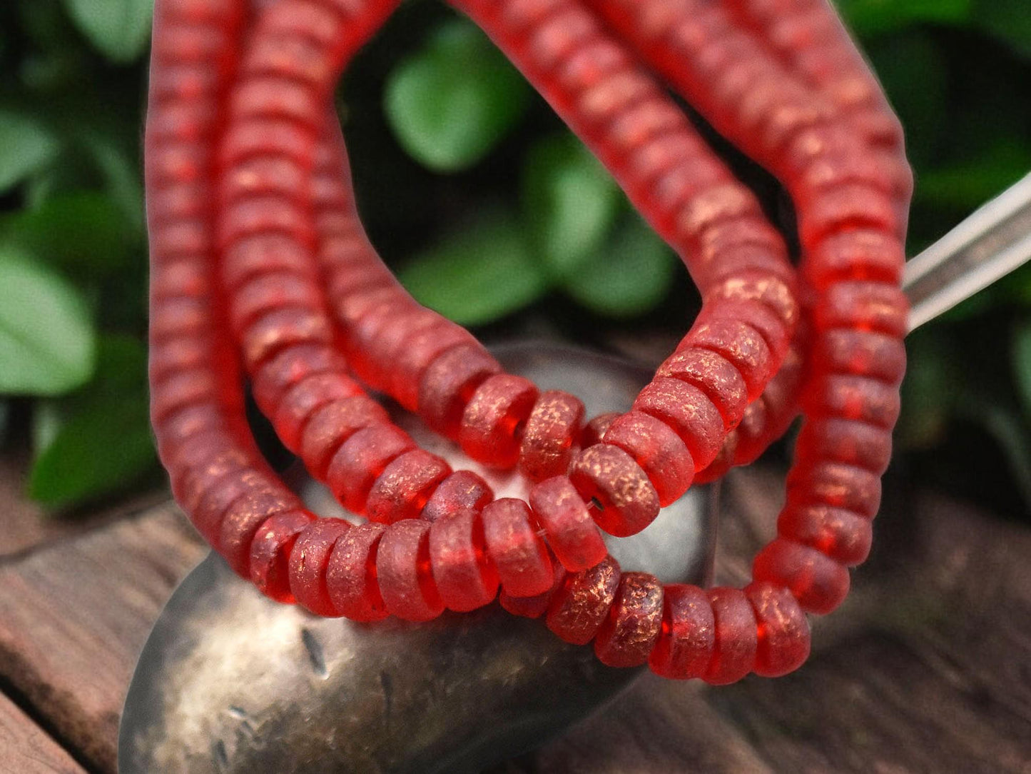 *50* 6x3mm Copper Washed Etched Ruby Red Heishi Rondelle Beads