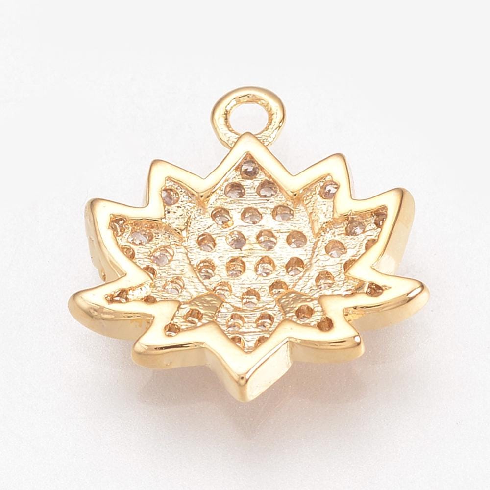 Lotus Flower Charms - Gold Charms - CZ Charms - Metal Charms - Rhinestone Charms - 5pcs - 13mm - (4928)