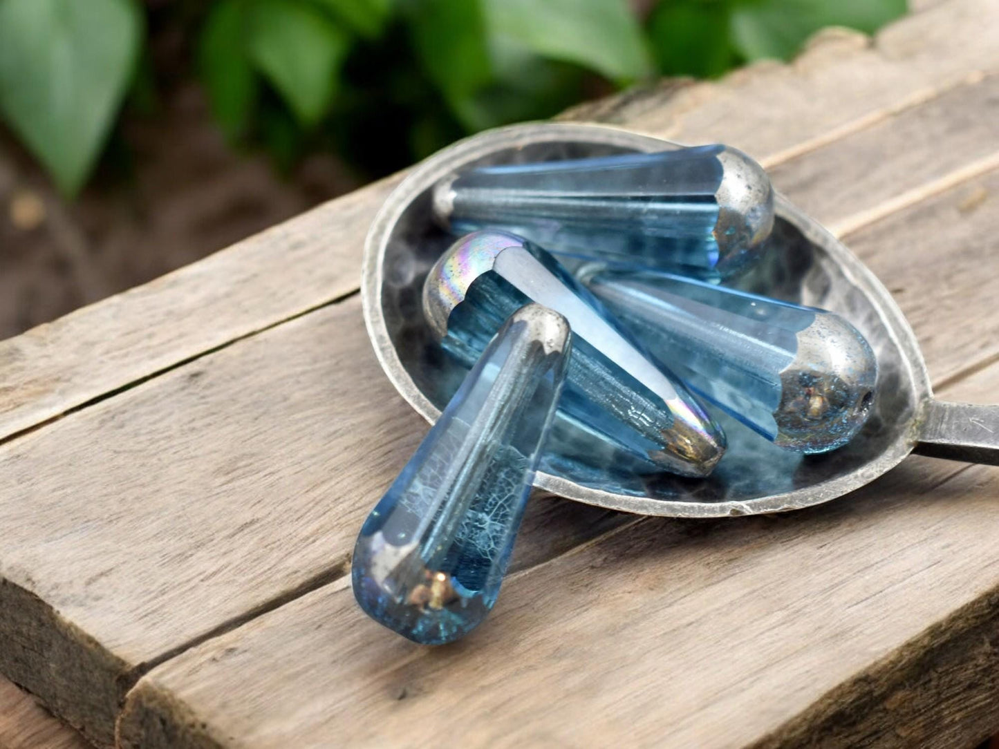 *6* 8x20mm Silver Rainbow Tipped Aquamarine Faceted Drop Beads