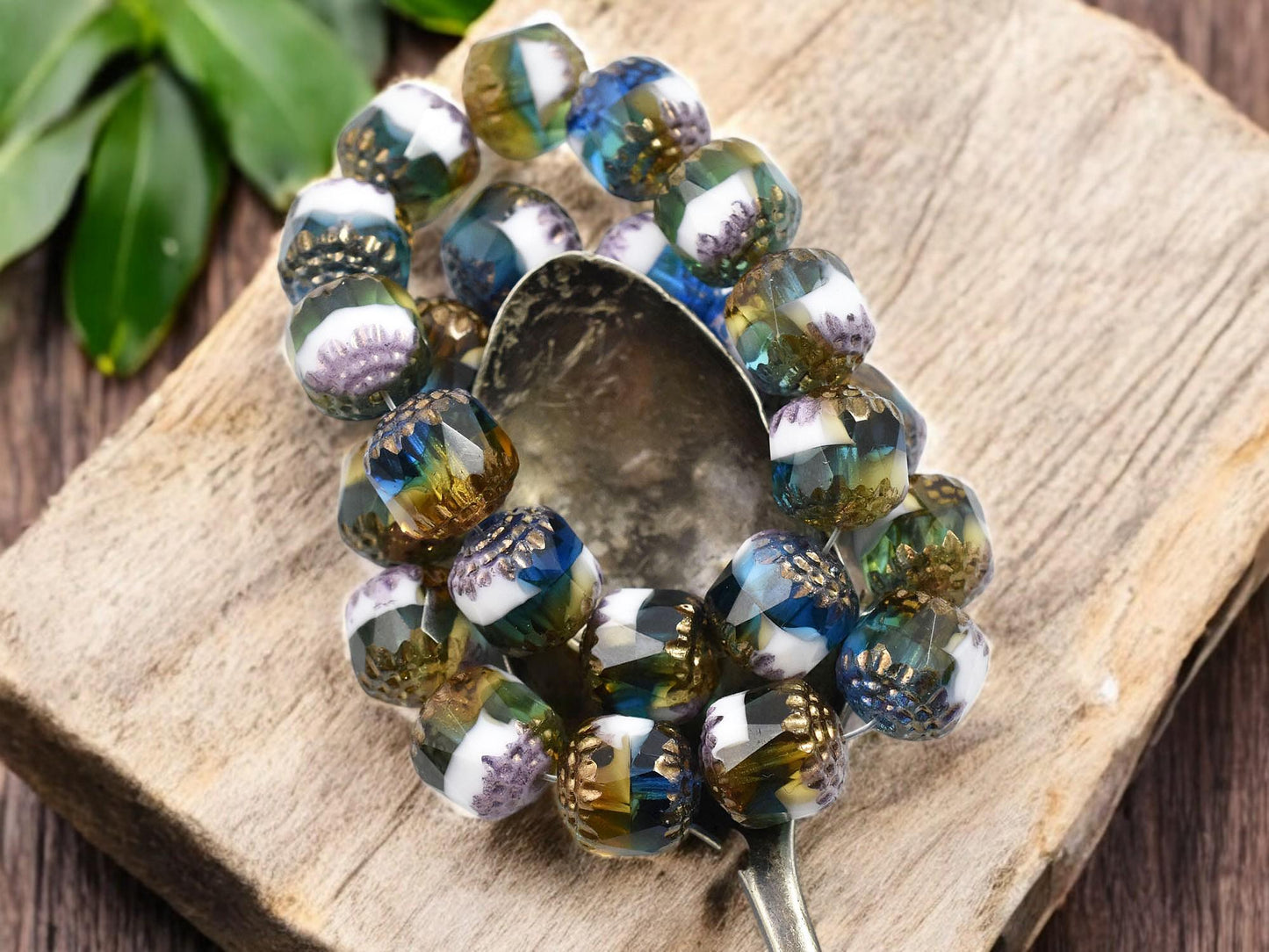 *10* 10mm Gold Washed Blended Pacific Blue, White & Topaz Fire Polished Cathedral Beads