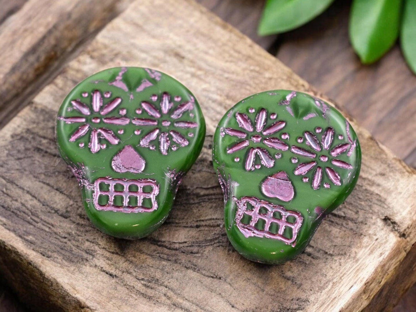 *4* 20x17mm Pink Washed Green Silk Sugar Skull Beads