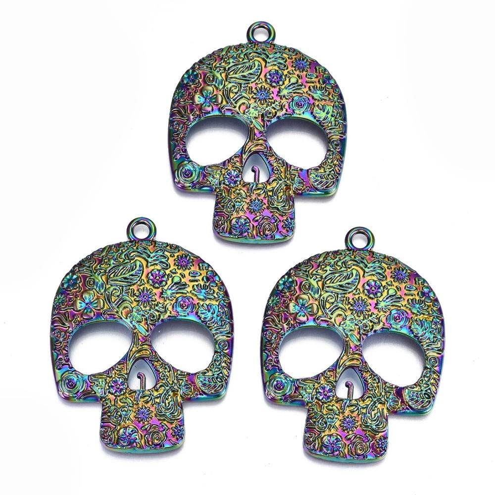 Skull Pendant - Metal Pendants - Sugar Skull - Rainbow Pendants - Metal Skull Pendant - Large Skull - 66x49mm - (A50)