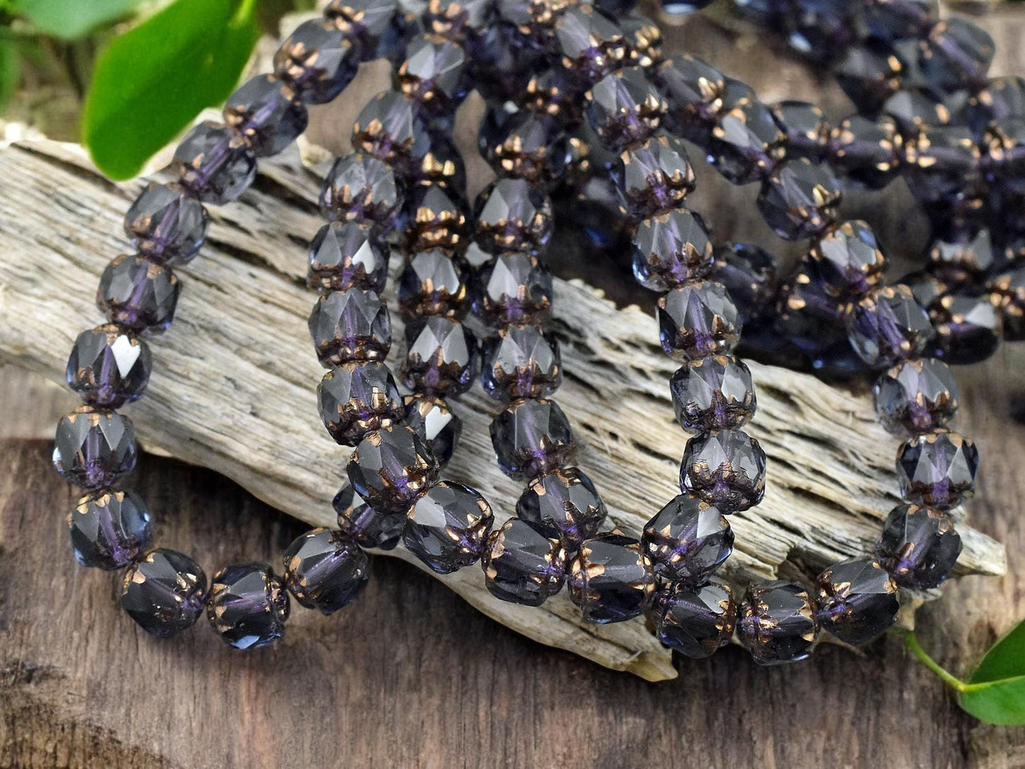 *20* 6mm Bronze Washed Montana Blue Fire Polished Cathedral Beads