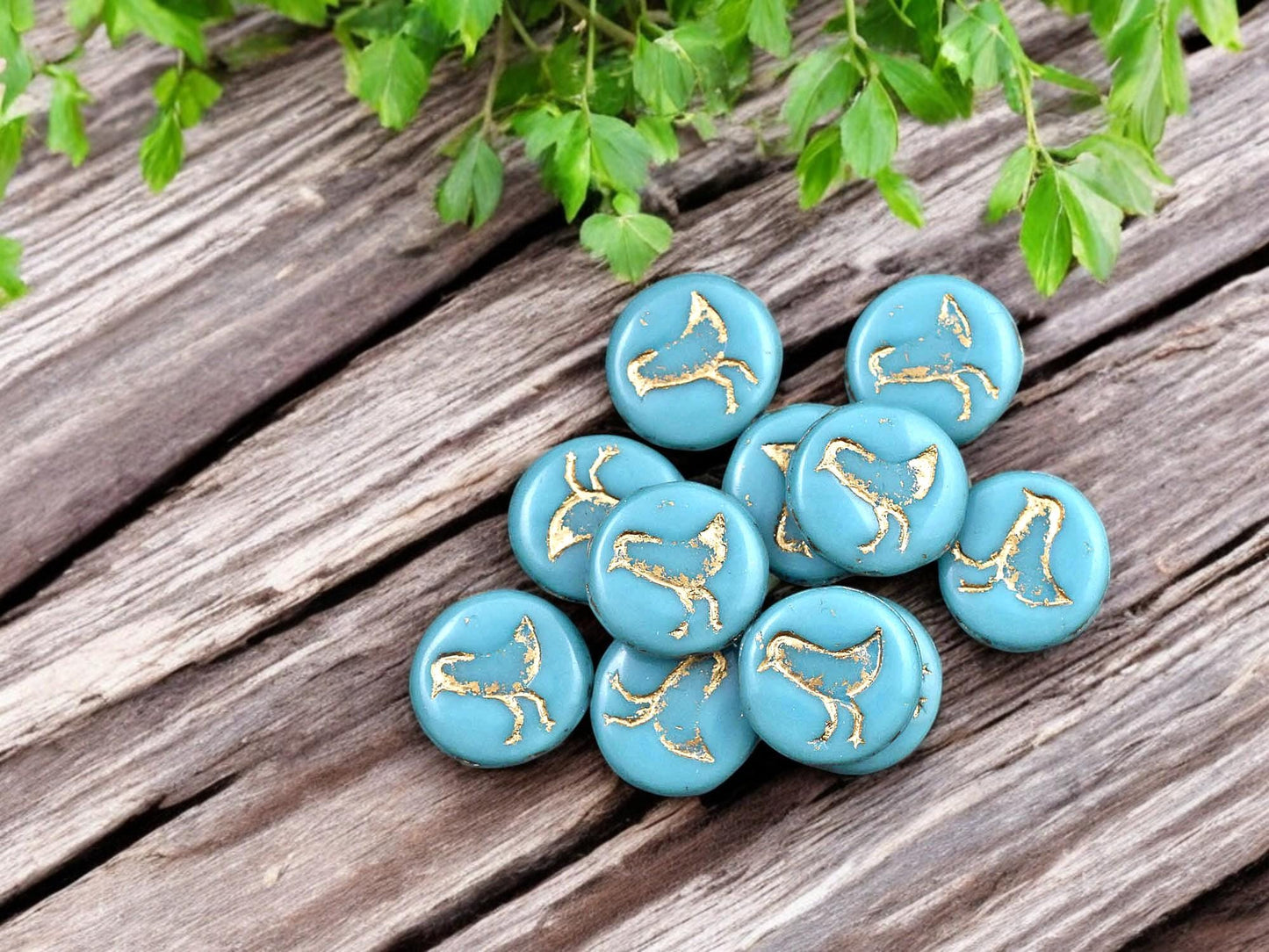 *15* 12mm Gold Washed Opaque Teal Turquoise Bird Coin Beads
