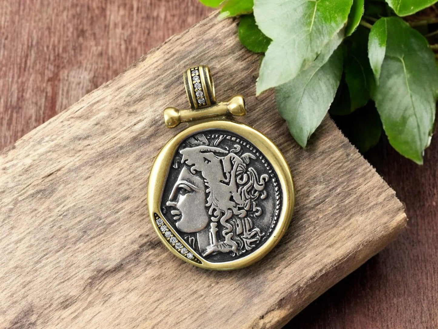 31x22mm 18k Gold Plated Brass Micro Pave Cubic Zirconia Greek Coin Pendant