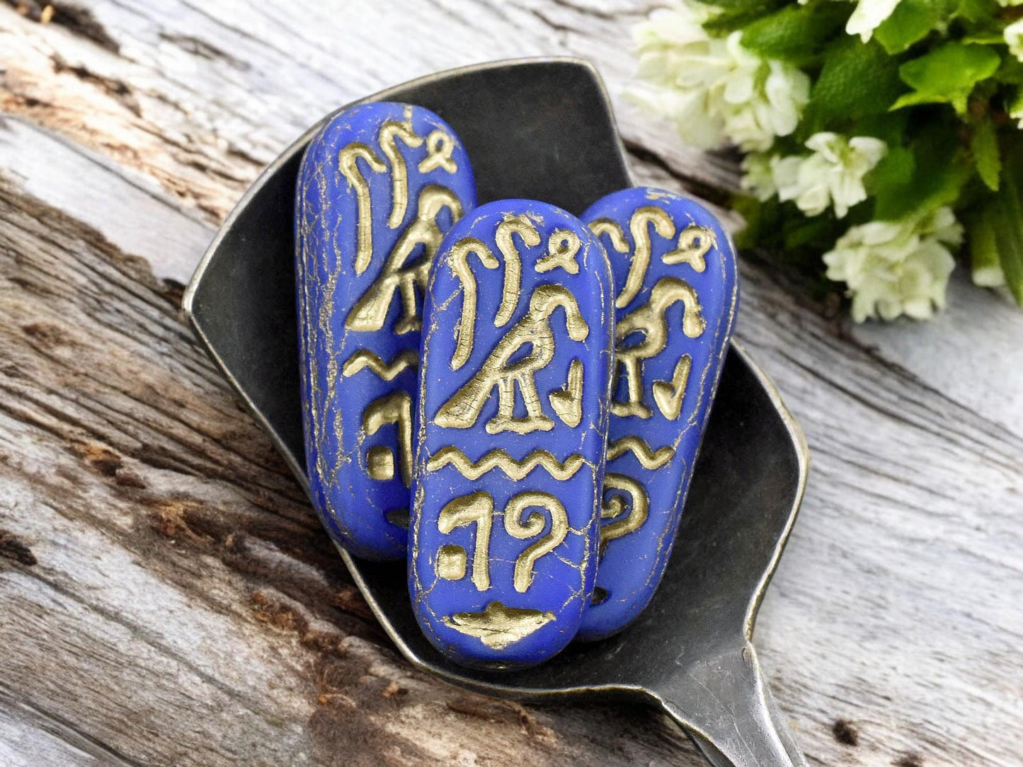 *6* 25x10mm Gold Washed Matte Lapis Blue Egyptian Cartouche Oval Beads