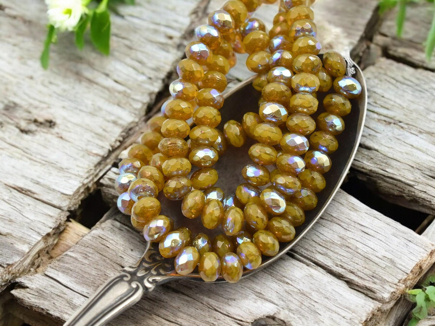 *30* 3x5mm Bronze Washed Dandelion Opaline AB Fire Polished Rondelle Beads