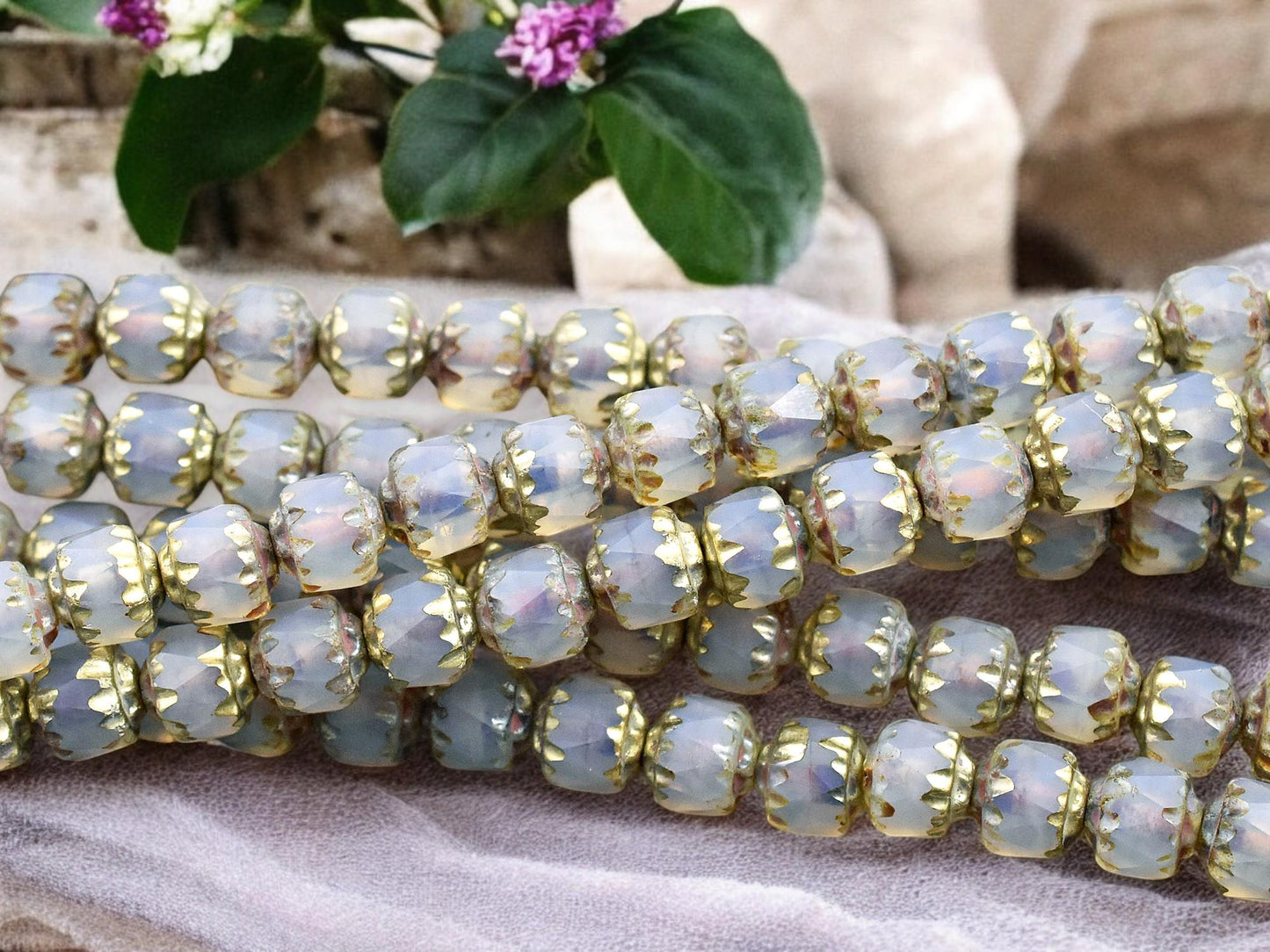 Gold Washed Matte Gray Crystal Opaline Picasso Cathedral Beads
