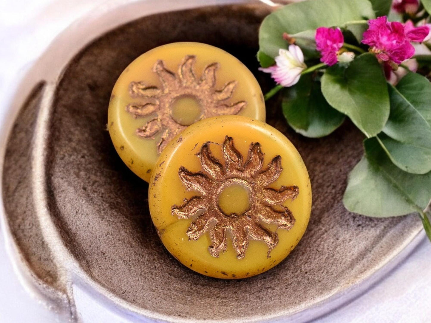 21mm Bronze Washed Dandelion Yellow Sun Design Coin Beads - 2 Beads