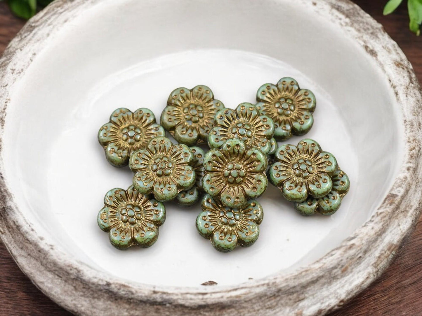 *12* 14mm Dark Bronze Washed Opaque Sage Green Picasso Wildflower Beads