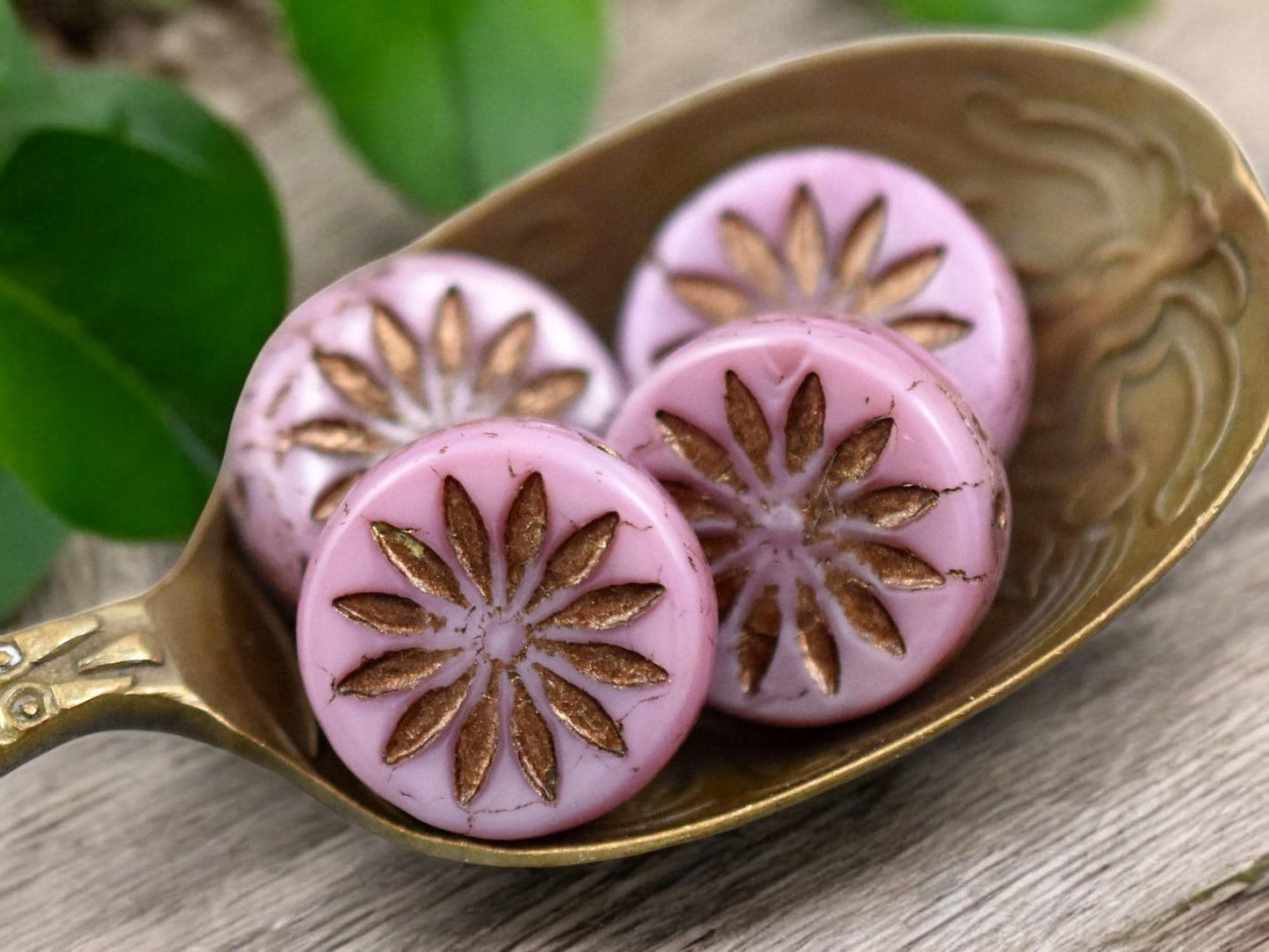 *15* 12mm Dark Bronze Washed Pink Silk Aster Flower Coin Beads