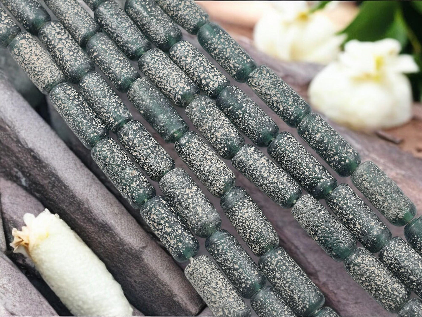 Tube Beads - Recycled Glass Beads - Indonesian Glass Beads - Pompeii Beads - Java Beads - 18" Strand - (J38)