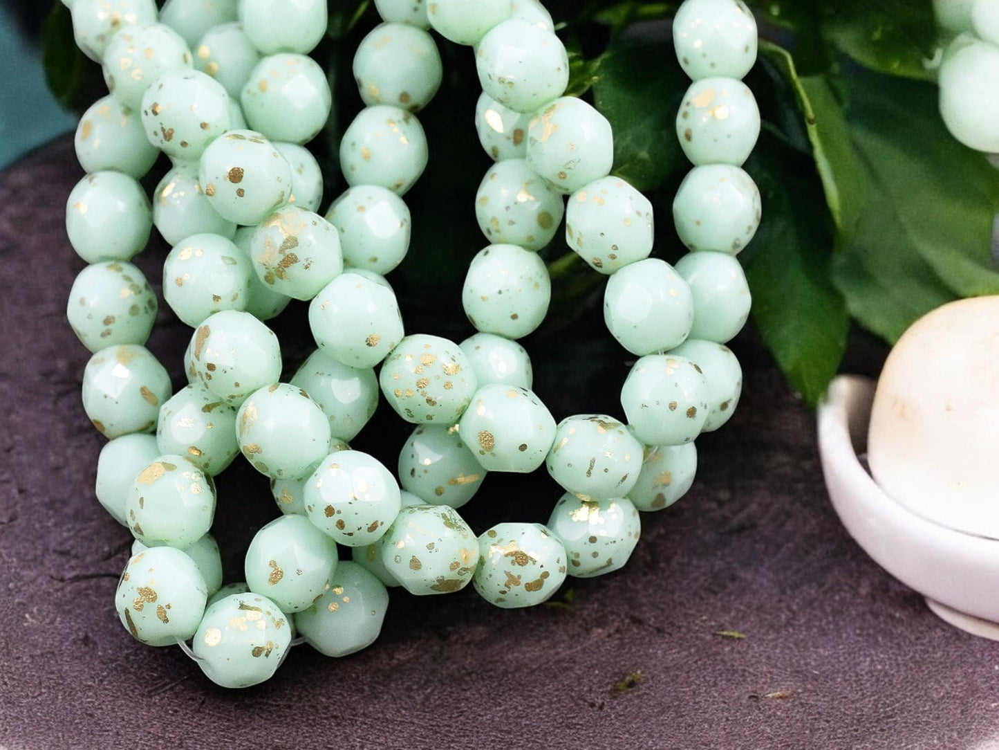 *25* 6mm Gold Speckled Mint Green Fire Polished Round Beads