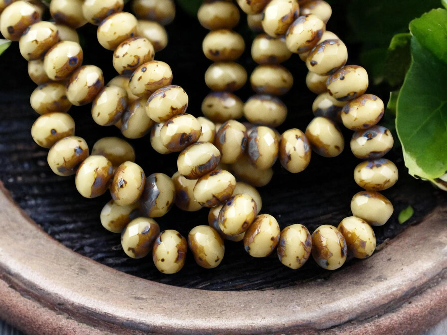 *30* 3x5mm Opaque Beige Picasso Fire Polished Rondelle Beads