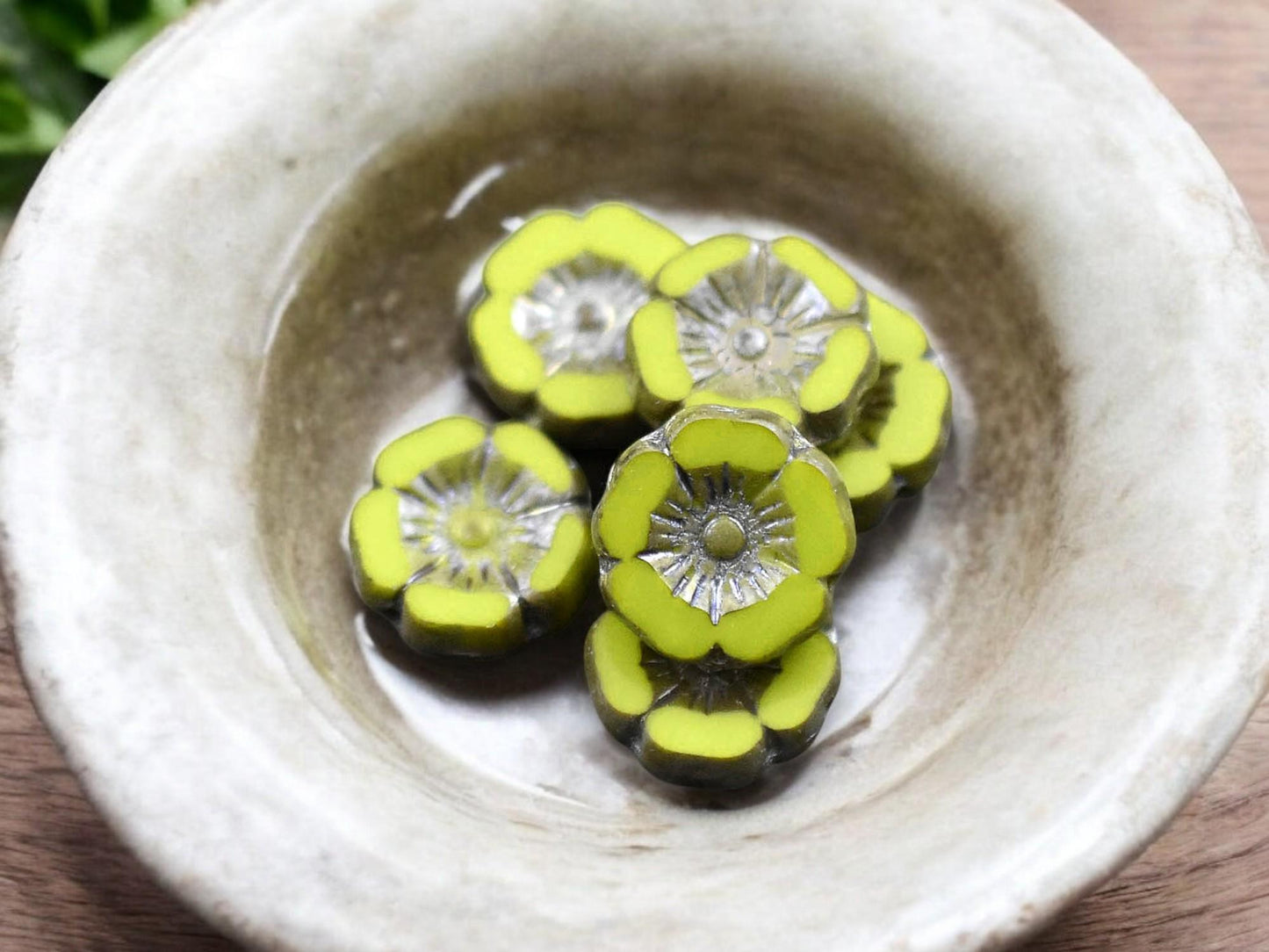 *12* 12mm Opaque Chartreuse Picasso Luster Hawaiian Flower Beads